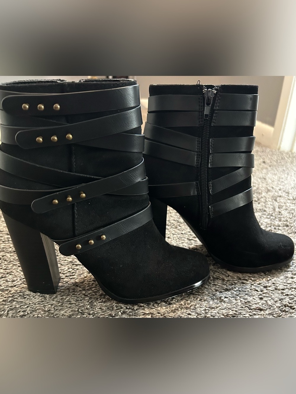 Charlotte Russe Black Strappy Studded Faux Suede Ankle Booties- Size 8